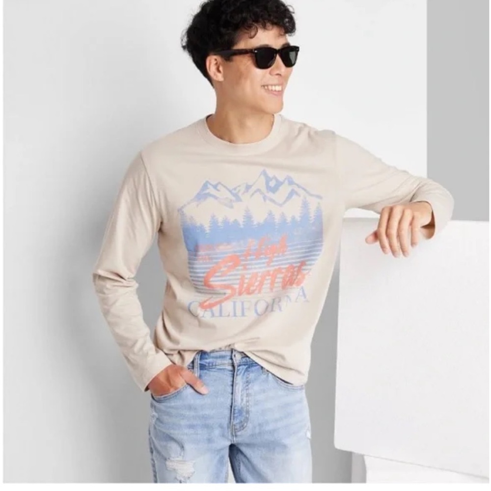 Original Use Long-Sleeve Graphic Tee in Beige with Blue & Coral Print
